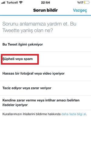 twitter şüpheli veya spam bildirme